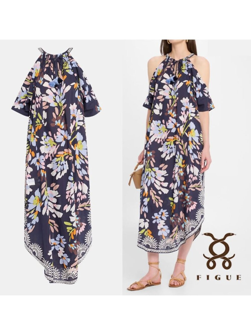 Rare! Figue Multicolor Floral-Print Silk Caftan Dress, Embroidered Trim, S/M